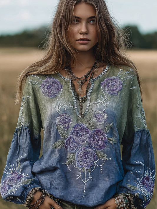 Women's Embroidery Rose Gradient Casual Long-sleeved Shirt artswardrobe