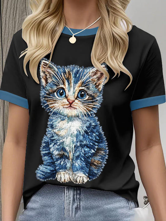 Women's Retro Funny Denim Patch Animal Cat Print Crew Neck T-shirt elevenforest