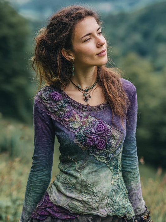 Purple Gradient Floral Tribal Women's Long Sleeve Shirt artswardrobe