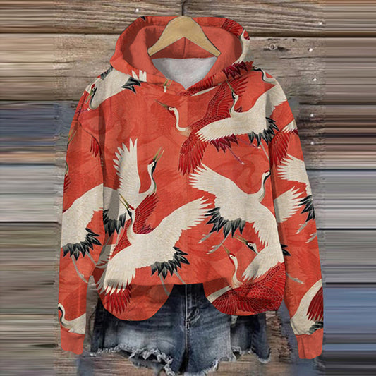 Comstylish Japanese Art Crane Print Casual Hoodie