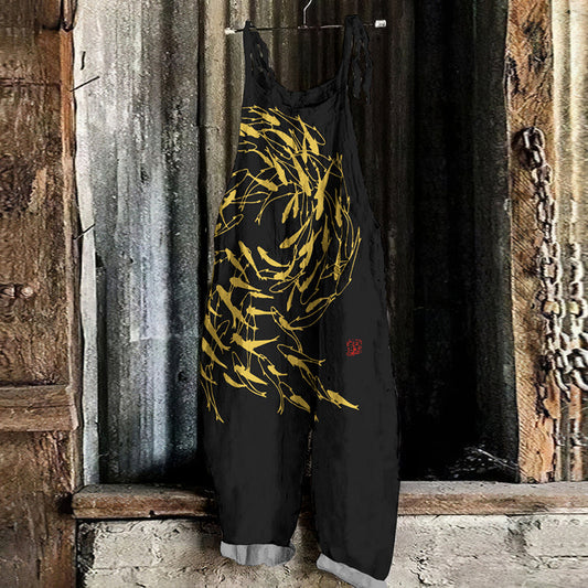 Comstylish Vintage Flock Of Fish Graphic Painting Art Loose Jumpsuit