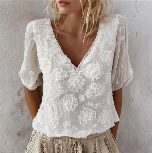 Bohemian Style Woman's V-neck White Rose Short-sleeved Shirt artswardrobe
