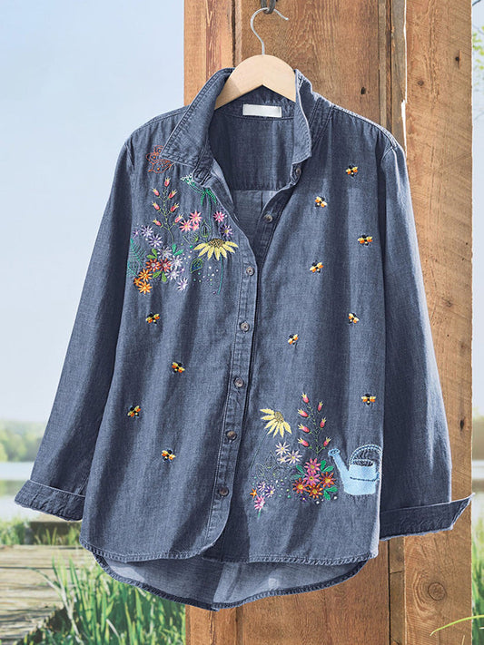 Comstylish Women's Casual Floral Embroidery Print Cotton Shirt