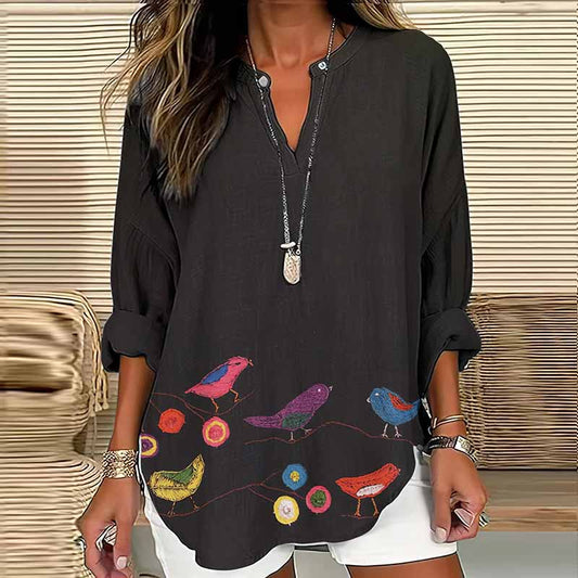 Women's Vintage Bird Art Embroidery V-neck Shirt artswardrobe