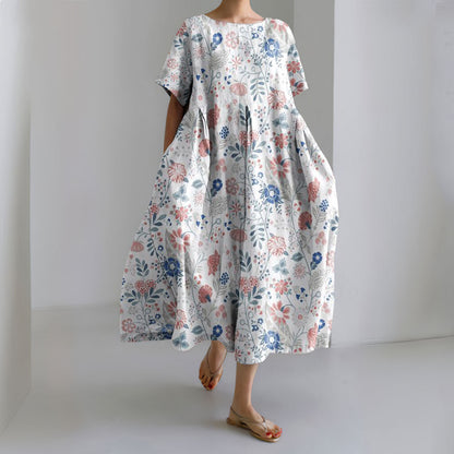 Comstylish Women's Pastoral Floral Art Print Casual Cotton Linen Midi Dress
