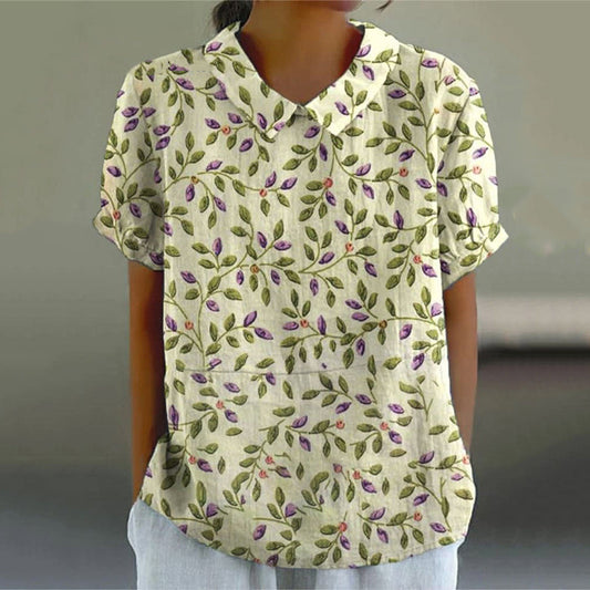Comstylish Women's Flower Art Print Casual Cotton And Linen Shirt