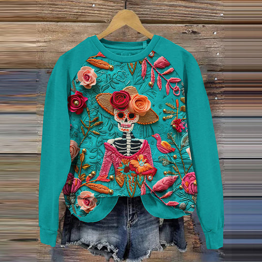 Comstylish Mexican Day Of The Dead Skull Embroidered Contrast Color Cozy Sweatshirt