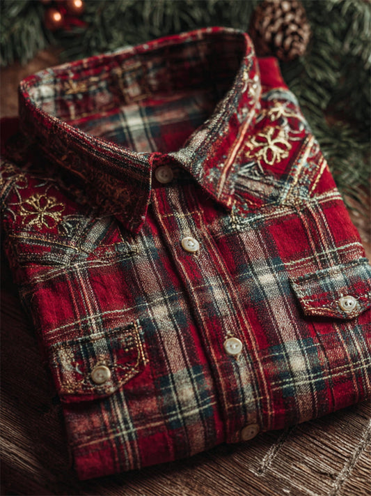Vintage Snowflakes Embroidered Christmas Plaid Linen Shirt artswardrobe