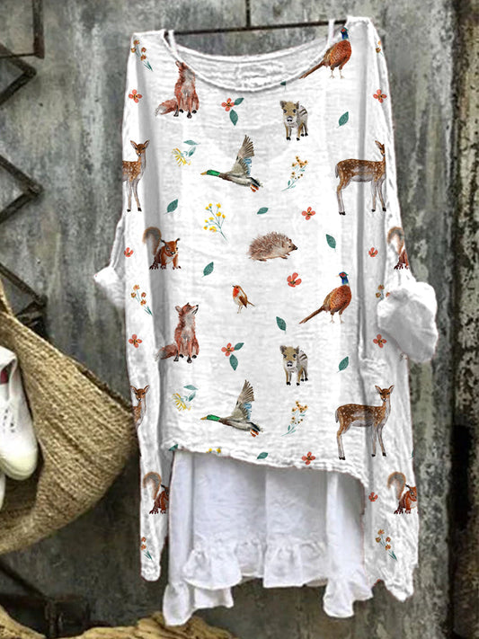 Forest Animals Print Linen Blend Vintage Shirt artswardrobe