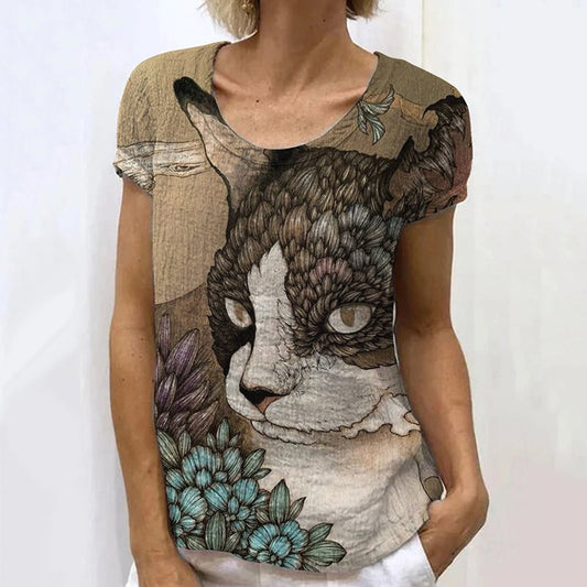 Comstylish Japanese Retro Cat Plant Abstract Art Painting Linen Casual T-Shirt