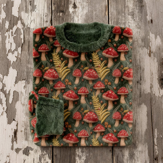 Comstylish Vintage Beaded Mushroom Embroidered Cozy Plush Sweatshirt