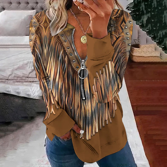 Comstylish Vintage Western Tassel Printed V-Neck Sweatshirt