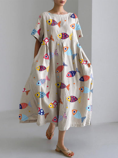 Comstylish Colorful Fish Pattern Linen Blend Dress