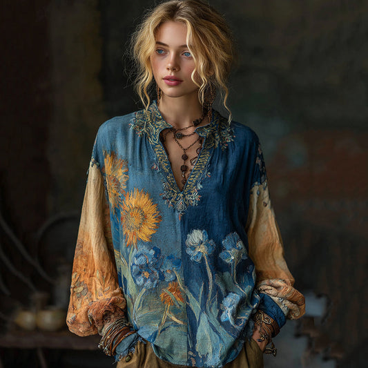 Oil Painting Iris And Sunflower Contrasting Shirt artswardrobe