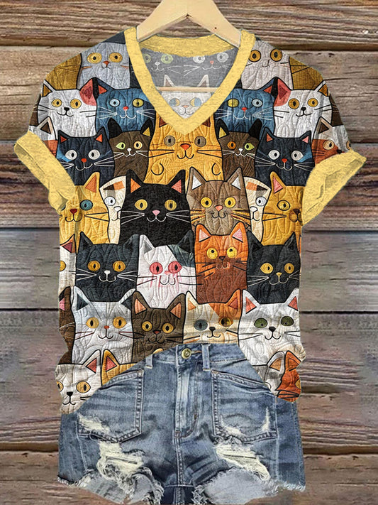 Cute Cat Pattern Patchwork V-Neck T-Shirt elevenforest