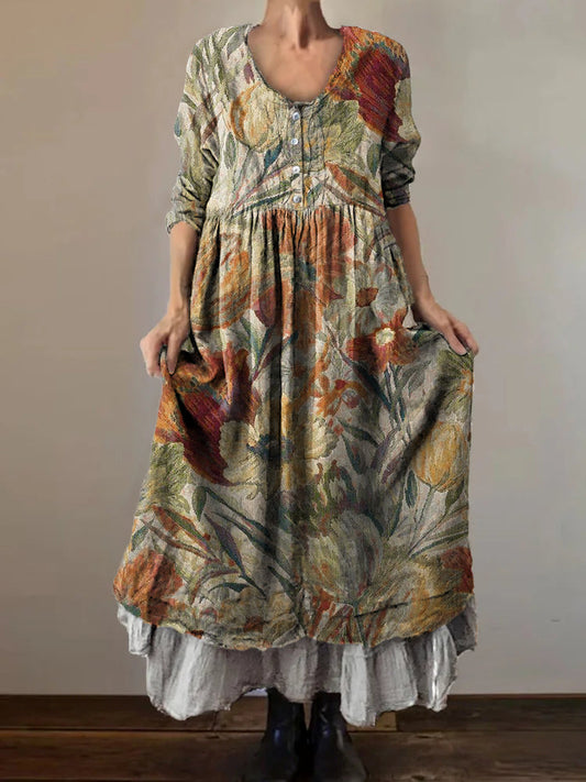 Women's Floral Art Print V-Neck Button Pocket Cotton Dress