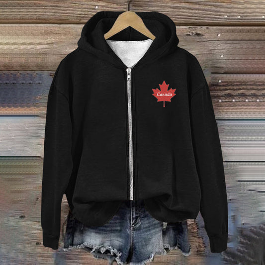 Women's Canada Maple Leaf Embroidered Casual Zip Hoodie elevenforest