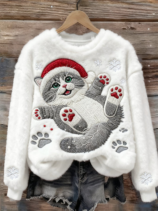 Christmas Cat In The Snow Embroidered Cozy Plush Sweatshirt elevenforest