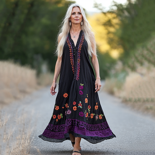 Vintage Bohemian Floral Embroidery Art Sleeveless  Cozy Linen Maxi Dress artswardrobe