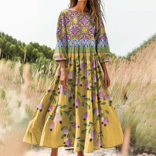 Women's Floral Art Print Cotton Crew Neck Dress