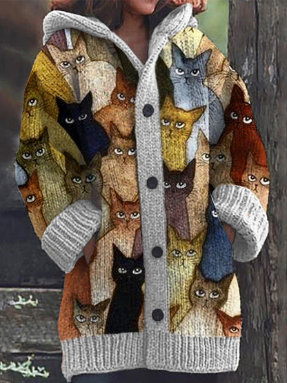 Colorful Cats Pattern Cozy Hooded Cardigan artswardrobe