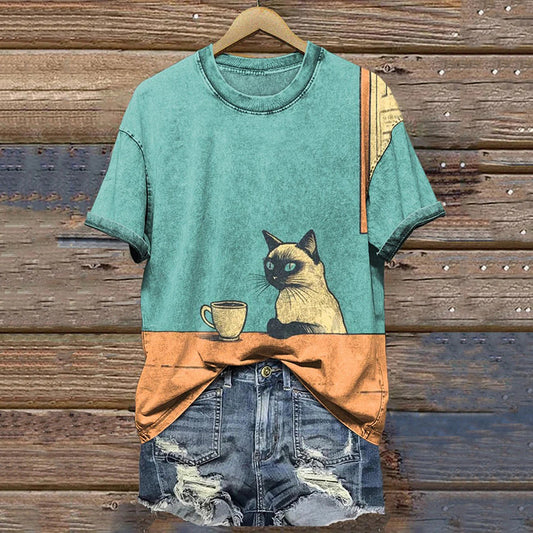 Comstylish Quirky Kitchen Art Chill Siamese Cat And Coffee Vintage Print Casual T-Shirt