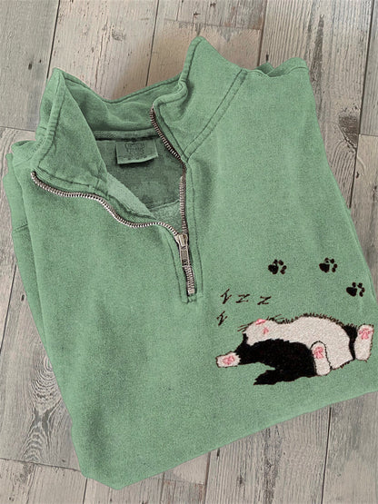 Sleeping Cat Embroidered Text Print Zipper Casual Sweatshirt elevenforest