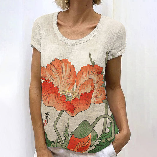 Comstylish Japanese Art Flower Print Casual T-Shirt