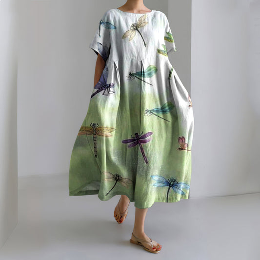 Comstylish Japanese Gradient Dragonfly Art Linen Blend Casual Dress