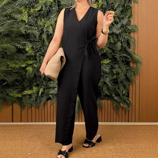 Women's Solid Color Casual V-neck Tie Jumpsuit artswardrobe