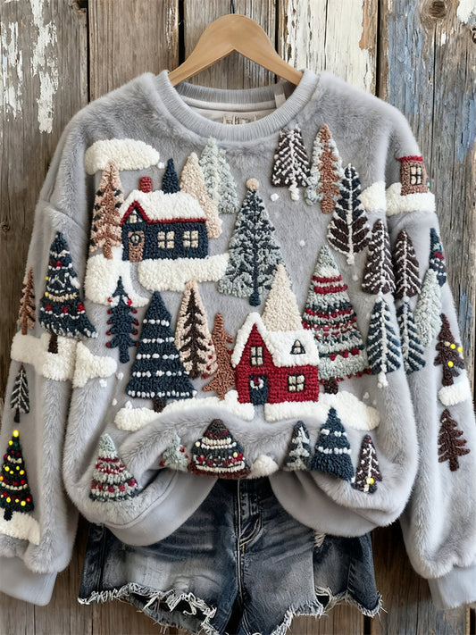 Comstylish Christmas Snowy Town Scenery Fuzzy Plush Sweatshirt