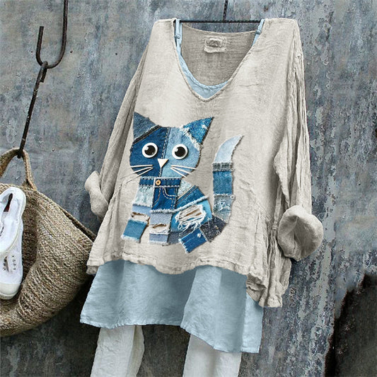 Lovely Cat Denim Textile Art Linen Tunic elevenforest