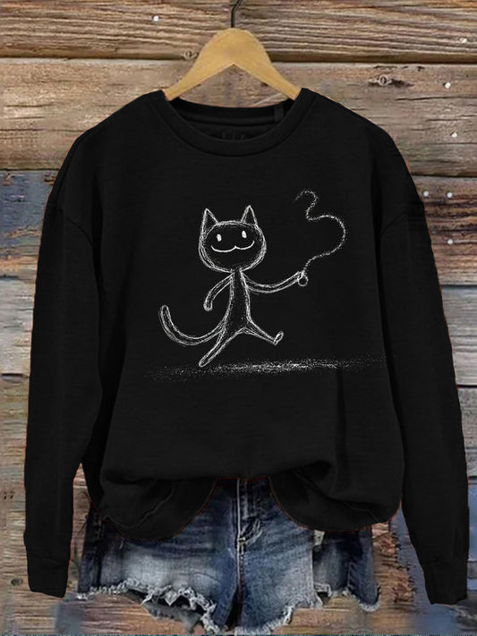 Comstylish Cat Playing With Rope, Fun Round Neck Long-sleeved Sweatshirt