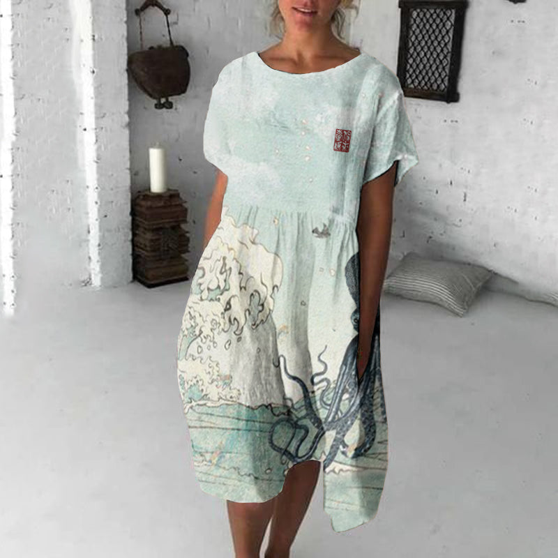 Comstylish Japanese Art Huge Waves And Octopus Print Crew Neck Loose Midi Dress