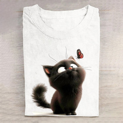 Funny Cat Print Loose Crew Neck Casual T-Shirt elevenforest