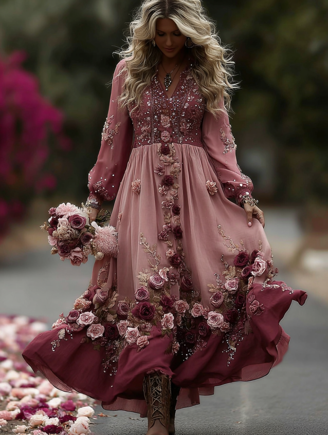 Women's Classic Romantic Pink Rose Embroidery Art Comfy Linen V Neck Maxi Dress artswardrobe