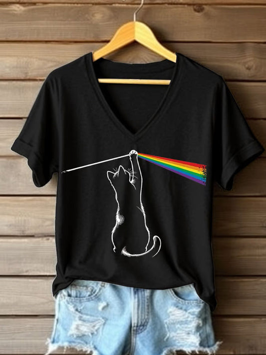 Comstylish Women's Rainbow Cat Printed Short-sleeved T-shirt
