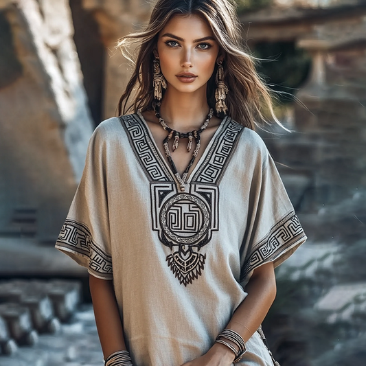 Vintage Greek Key V Neck Cotton Linen Contrast Shirt artswardrobe