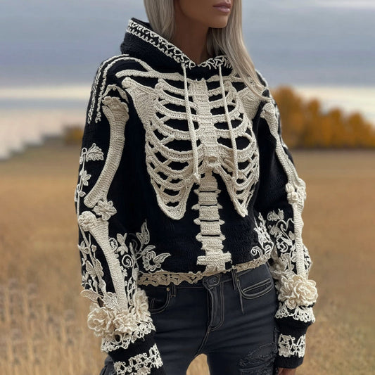 Comstylish Women's Vintage Skeleton Lace Embroidery Knit Hooded Sweater