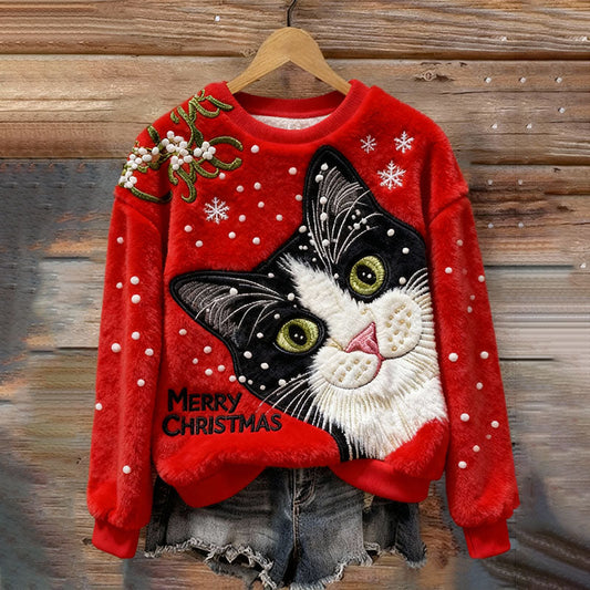 Comstylish Women's Christmas Cat Embroidery Art Comfort Plush Sweatshirt