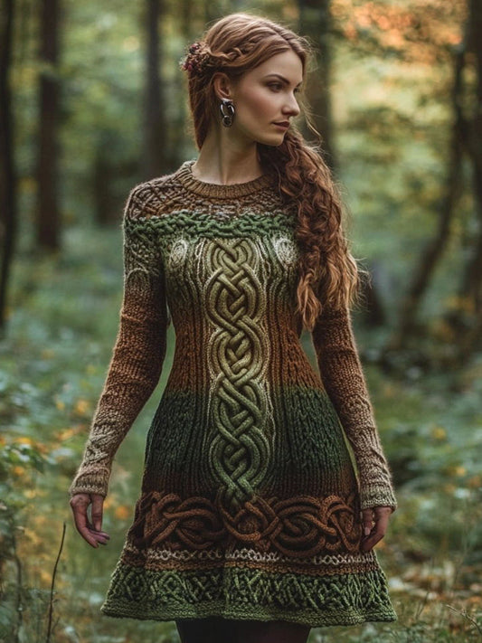 Women's Vintage Contrast Color Celtic Knot Knit Midi Dress elevenforest