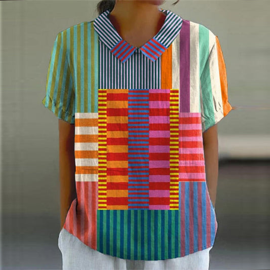 Comstylish Women's Geometric Line Pattern Art Print Casual Cotton And Linen Sleeve Shirt