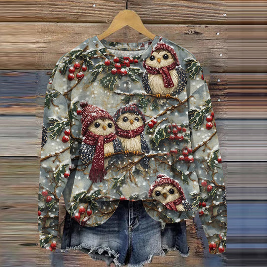 Comstylish Vintage Winter Owl Embroidery Seamless Pattern Print Ladies Sweatshirt