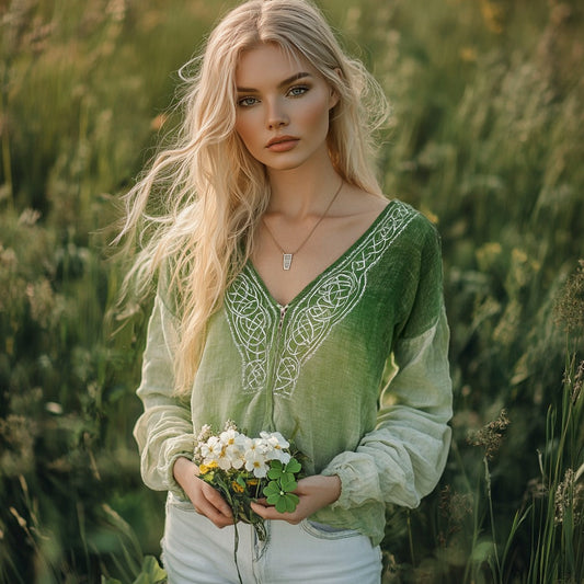 Women's St. Patrick's Celtic Knot Blend Linen V-neck Shirt artswardrobe
