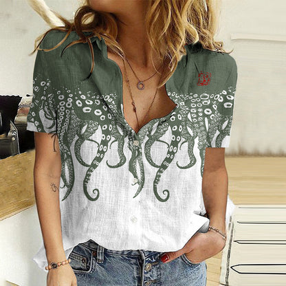 Comstylish Japanese Sea Life Octopus Legs Lino Art Linen Blend Blouse