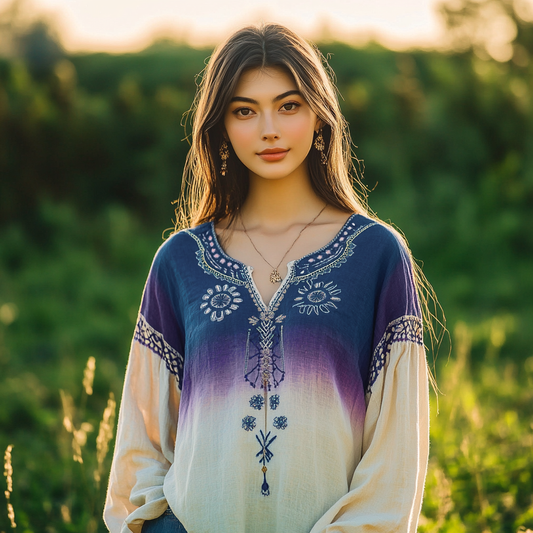 Retro Boho Floral Gradient Ethnic Batik Art Linen Blend Loose Blouse artswardrobe