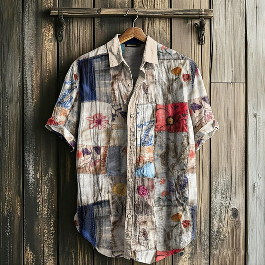 Men's Retro Floral Patchwork Art Linen Shirt artswardrobe