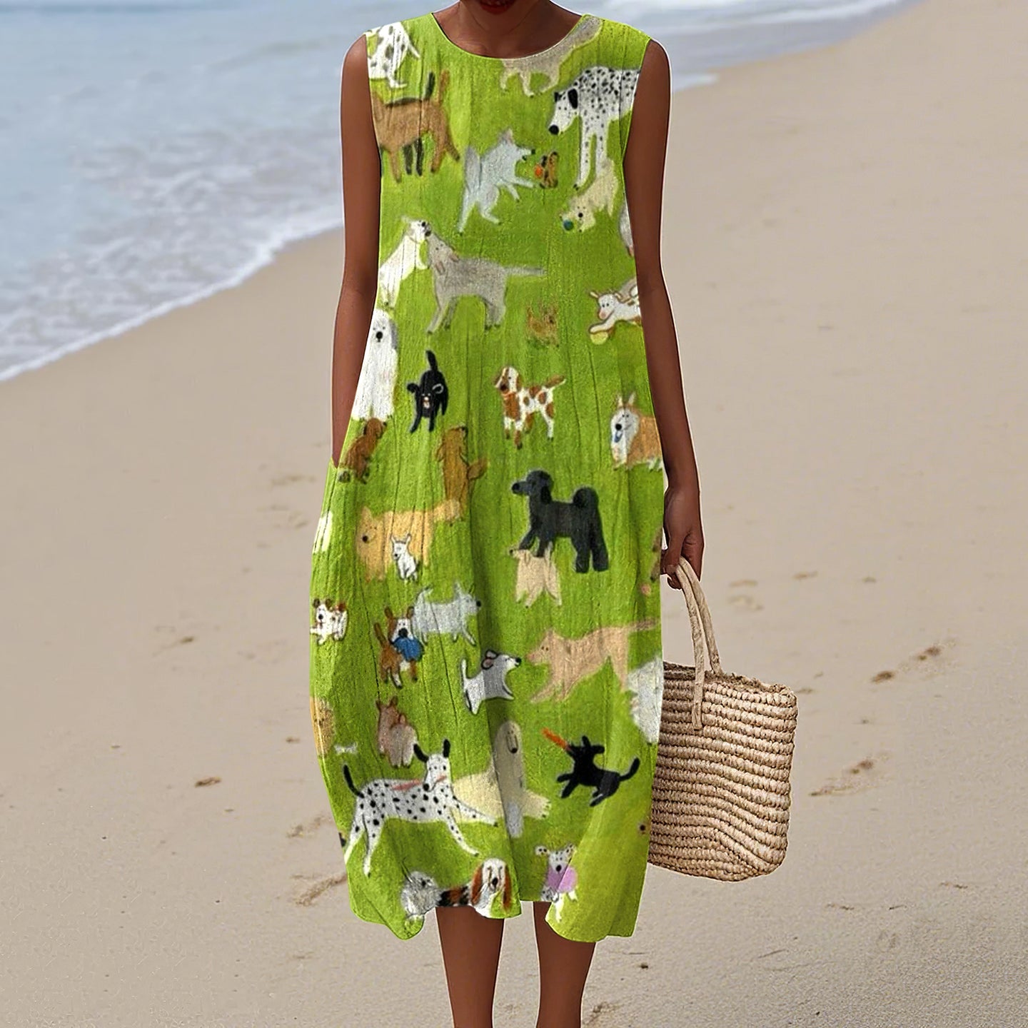 Comstylish Women's Dog Art Print Crew Neck Tank Midi Dress