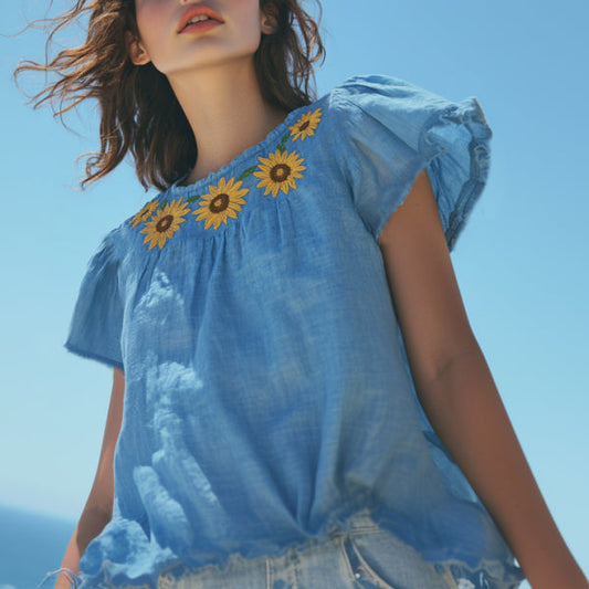 Comstylish Vintage Sunflower Floral Art Cotton Linen Comfy Shirt