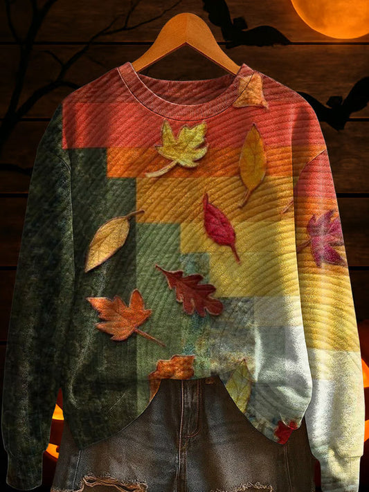 Women's Autumn Leaves Print Casual Round Neck Sweatshirt artswardrobe